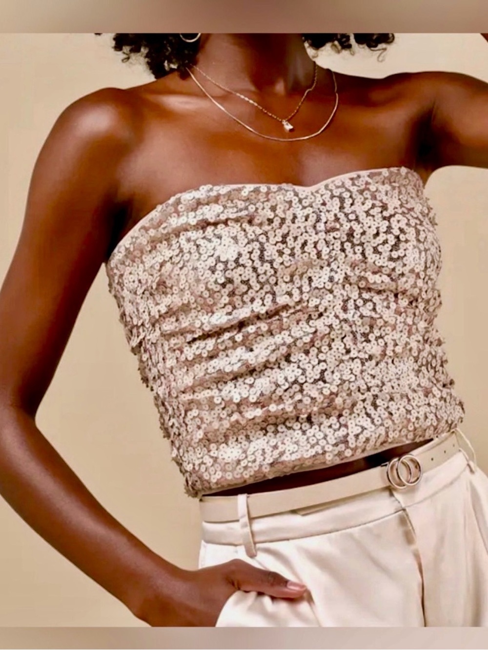 Lulus Rose Gold Sequin Strapless Ruched Crop Top NWT S M L